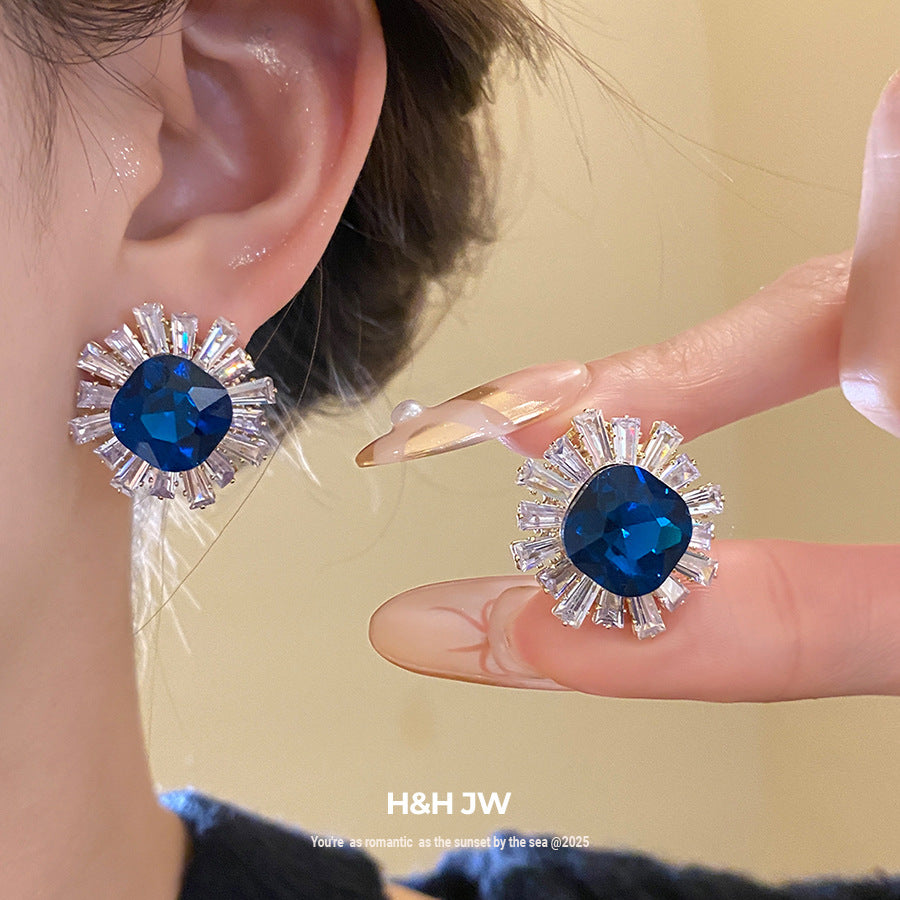 Sun Stud Earrings For Women In Silver Copper Featuring Zircon Inlay