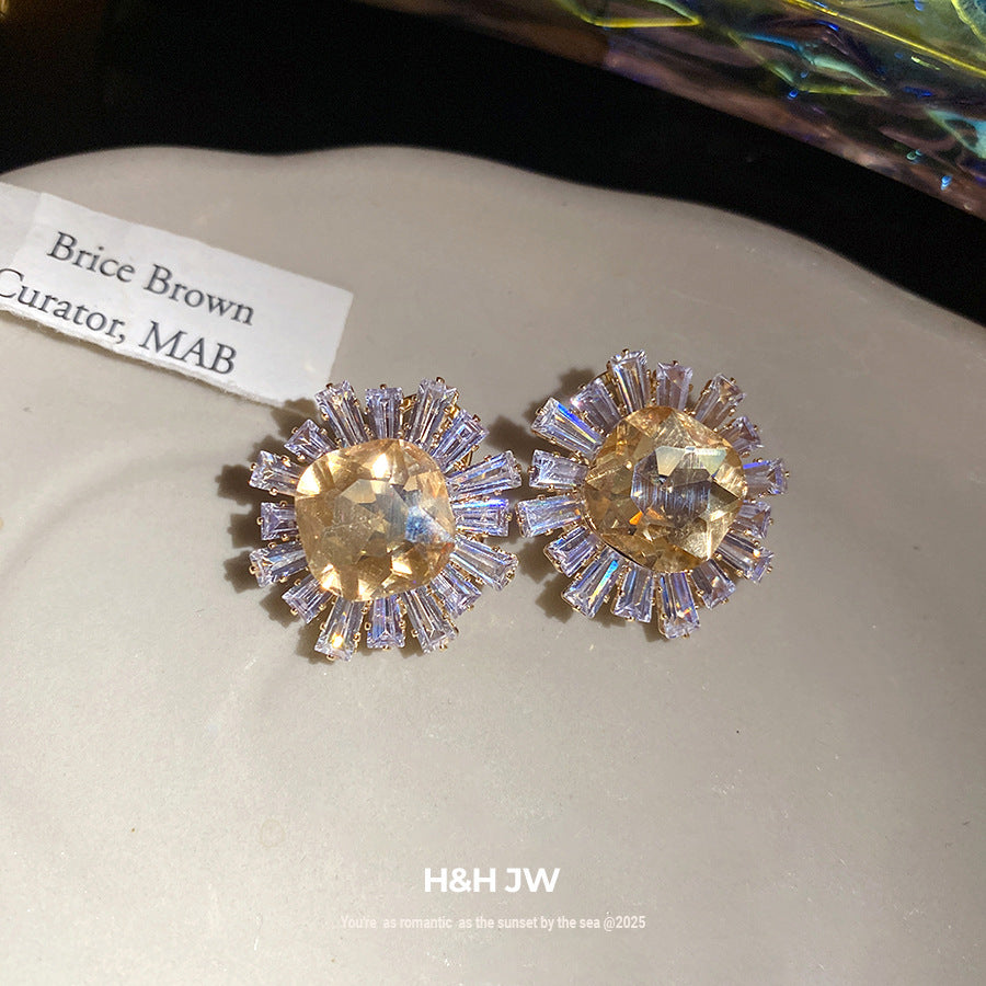 Sun Stud Earrings For Women In Silver Copper Featuring Zircon Inlay
