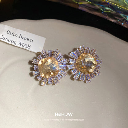 Sun Stud Earrings For Women In Silver Copper Featuring Zircon Inlay