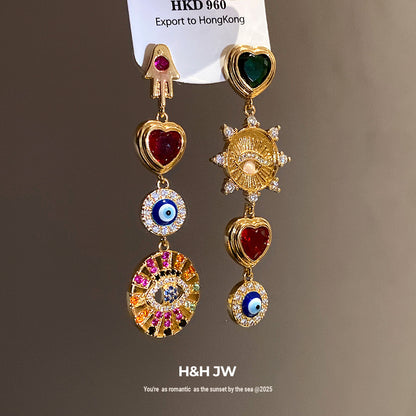 Heart Shape Stud Earrings For Women In Copper Featuring Zircon Inlay, Available In Golden