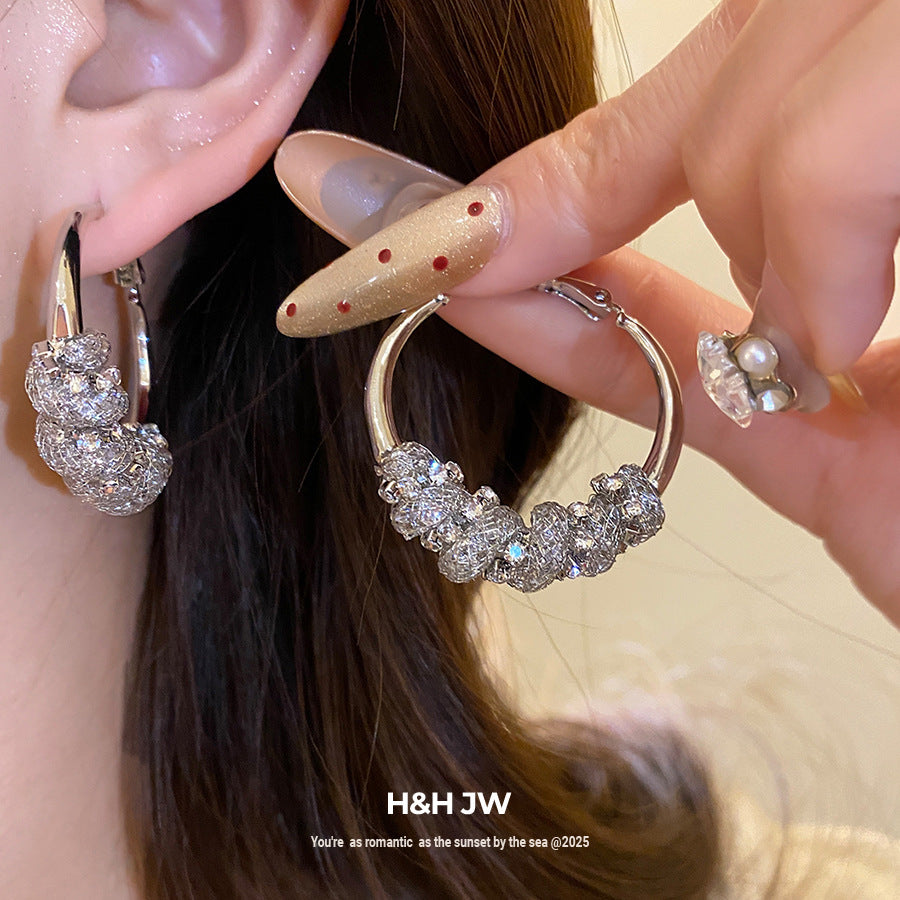 Round Stud Earrings For Women In Silver Copper Featuring Rhinestones