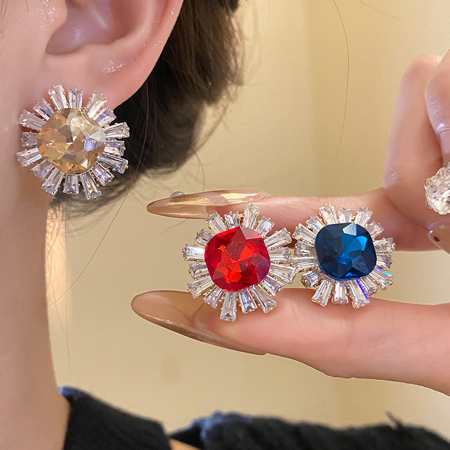 Sun Stud Earrings For Women In Silver Copper Featuring Zircon Inlay