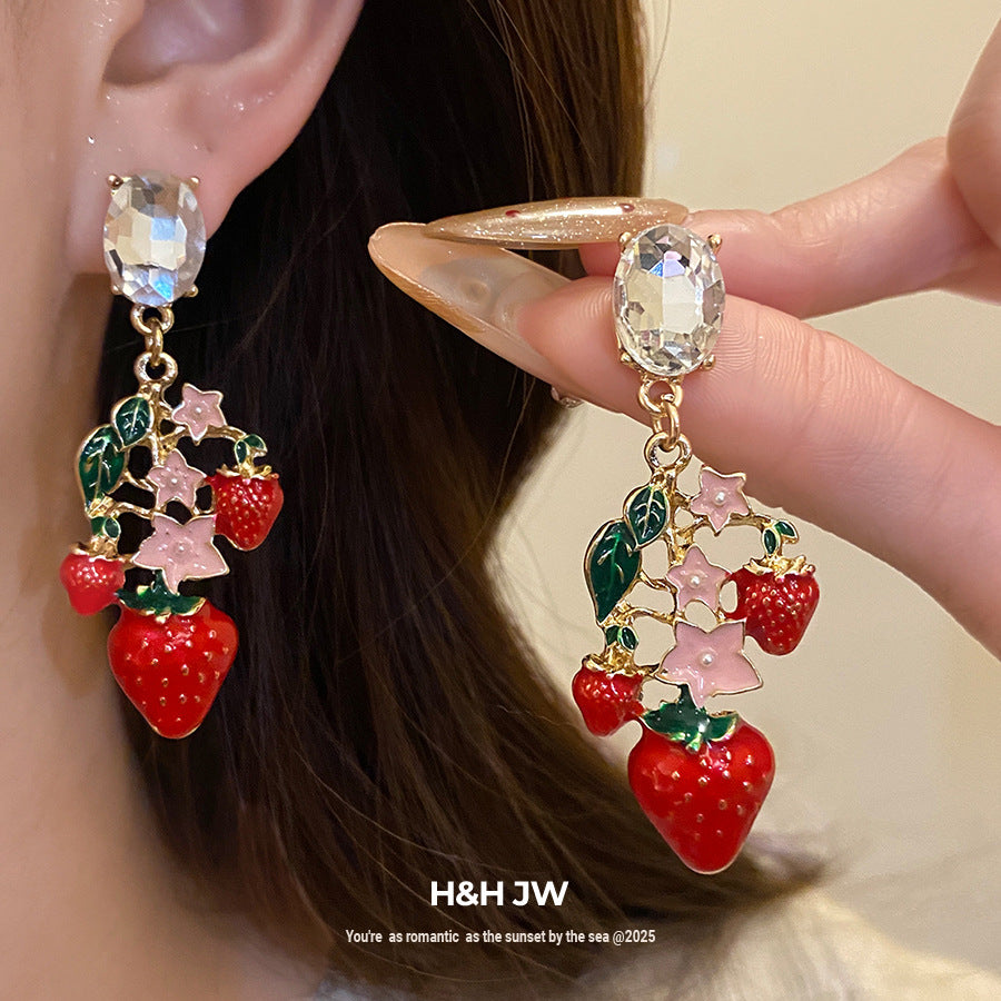 Strawberry Stud Earrings For Women With Golden Alloy And Enamel Craft Featuring Rhinestone Inlay