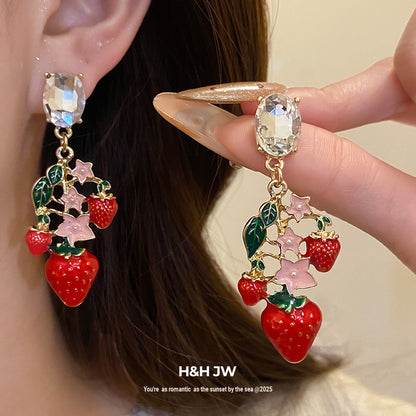 Strawberry Stud Earrings For Women With Golden Alloy And Enamel Craft Featuring Rhinestone Inlay