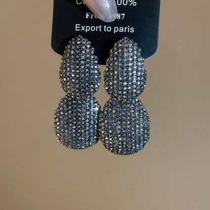 Oval Stud Earrings For Women In Steel Color Alloy With Rhinestones Inlay