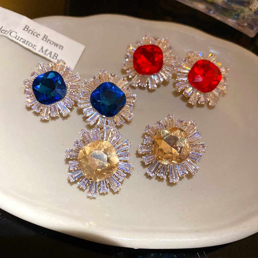Sun Stud Earrings For Women In Silver Copper Featuring Zircon Inlay