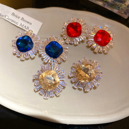 Sun Stud Earrings For Women In Silver Copper Featuring Zircon Inlay