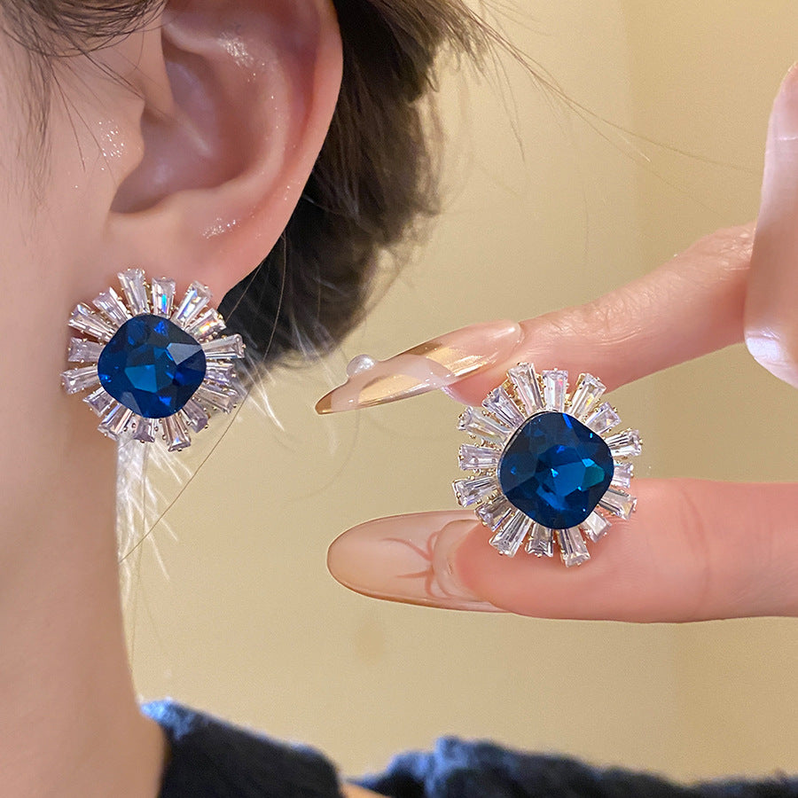 Sun Stud Earrings For Women In Silver Copper Featuring Zircon Inlay