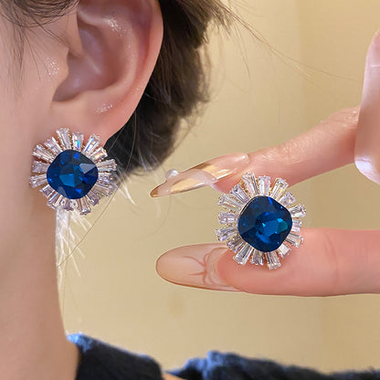 Sun Stud Earrings For Women In Silver Copper Featuring Zircon Inlay