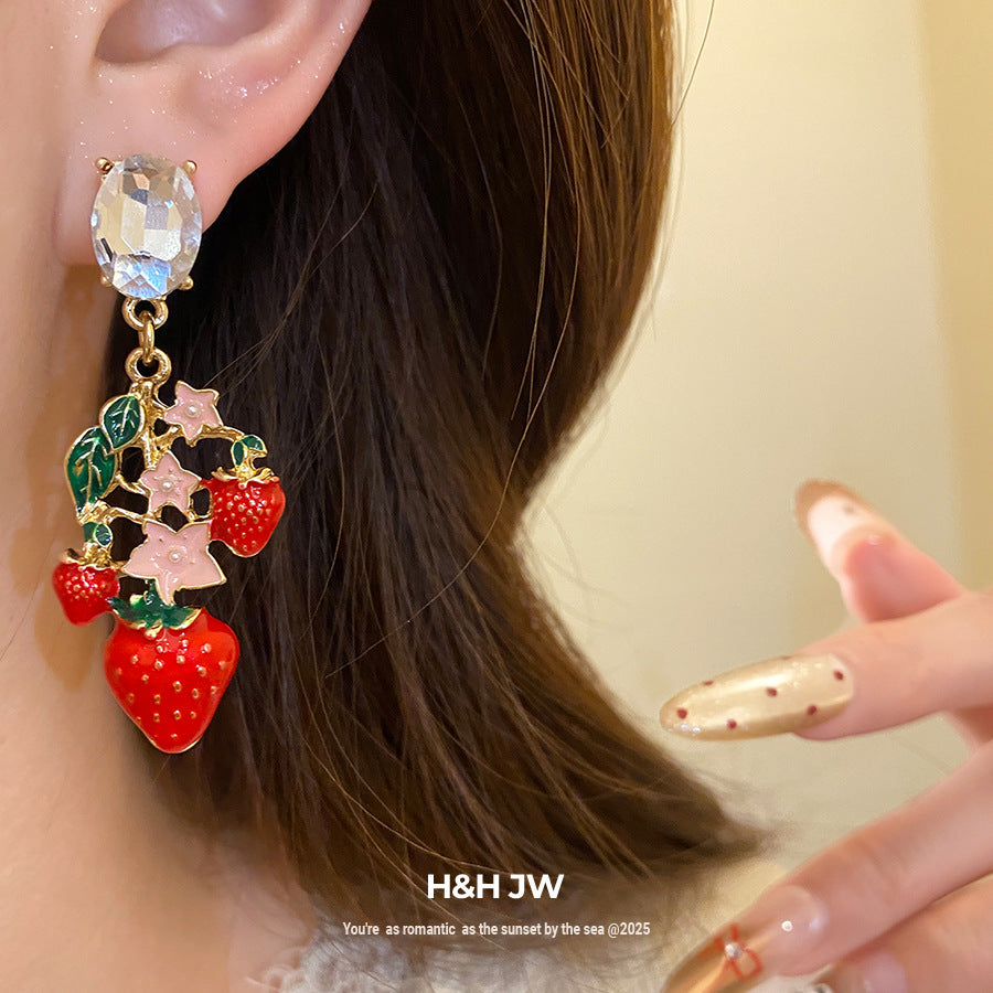 Strawberry Stud Earrings For Women With Golden Alloy And Enamel Craft Featuring Rhinestone Inlay