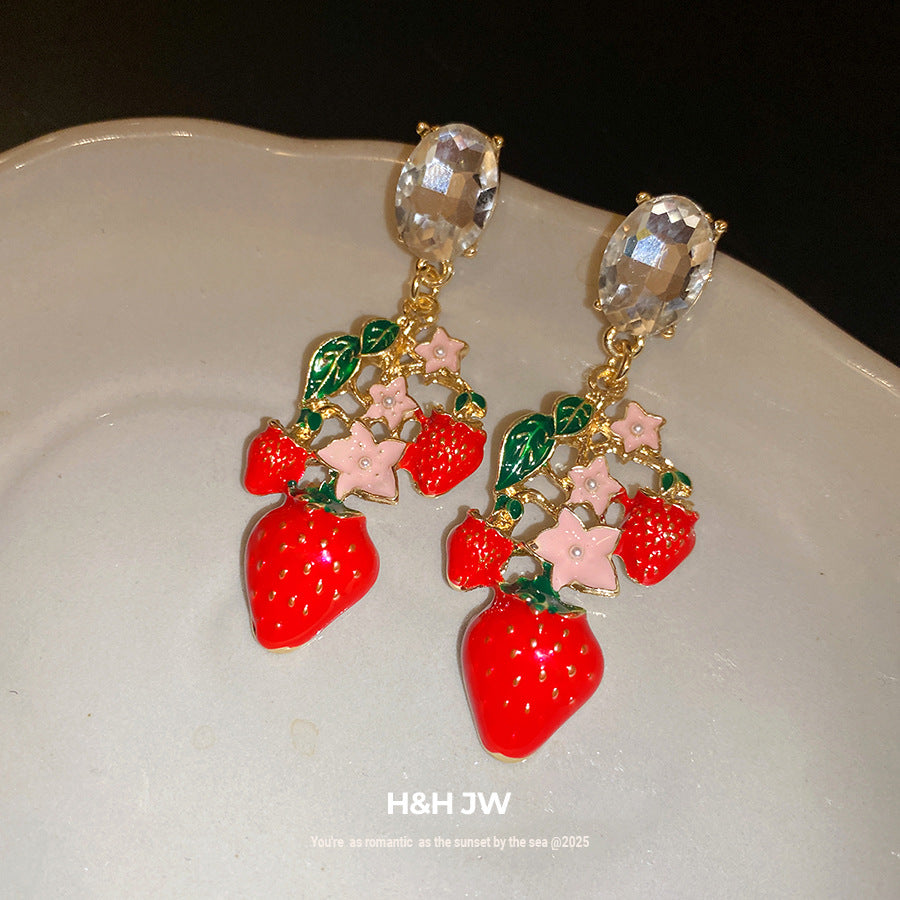Strawberry Stud Earrings For Women With Golden Alloy And Enamel Craft Featuring Rhinestone Inlay