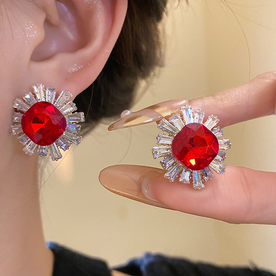 Sun Stud Earrings For Women In Silver Copper Featuring Zircon Inlay