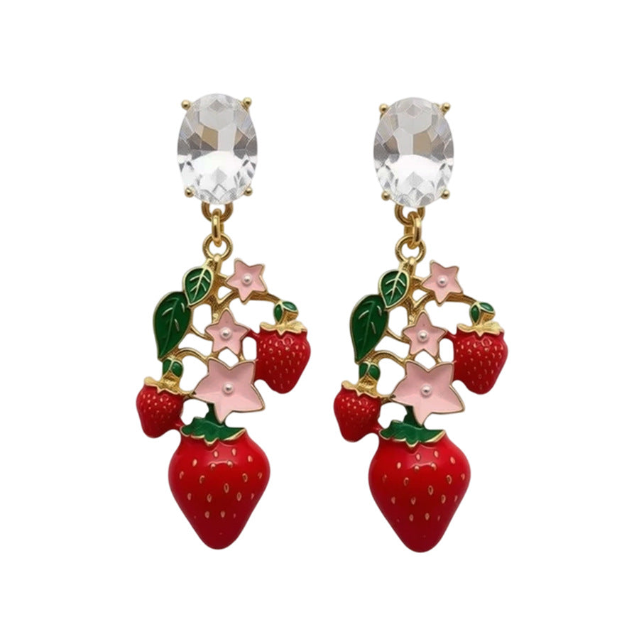 Strawberry Stud Earrings For Women With Golden Alloy And Enamel Craft Featuring Rhinestone Inlay