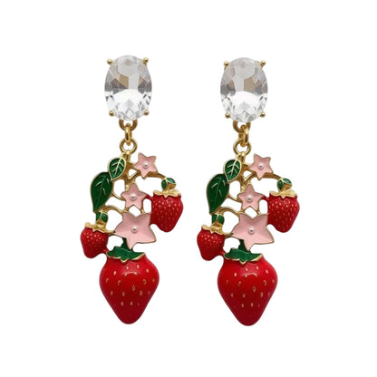 Strawberry Stud Earrings For Women With Golden Alloy And Enamel Craft Featuring Rhinestone Inlay
