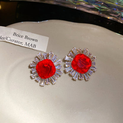 Sun Stud Earrings For Women In Silver Copper Featuring Zircon Inlay