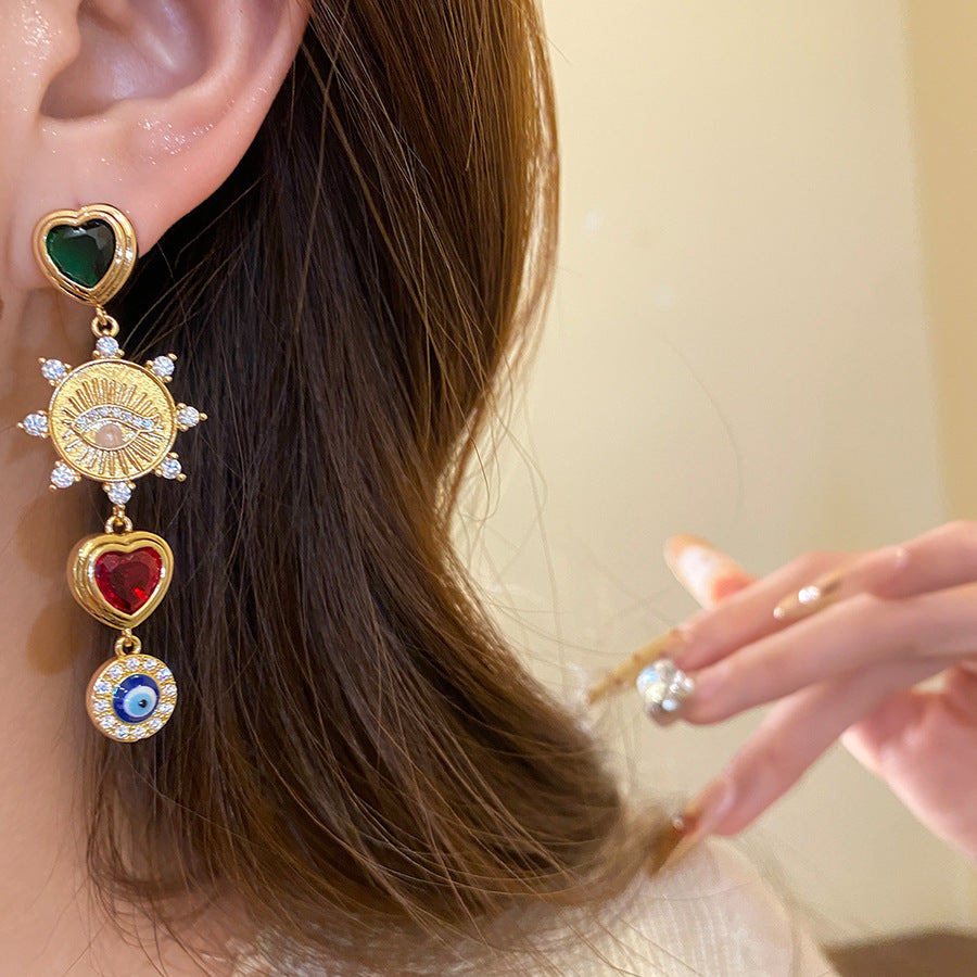 Heart Shape Stud Earrings For Women In Copper Featuring Zircon Inlay, Available In Golden