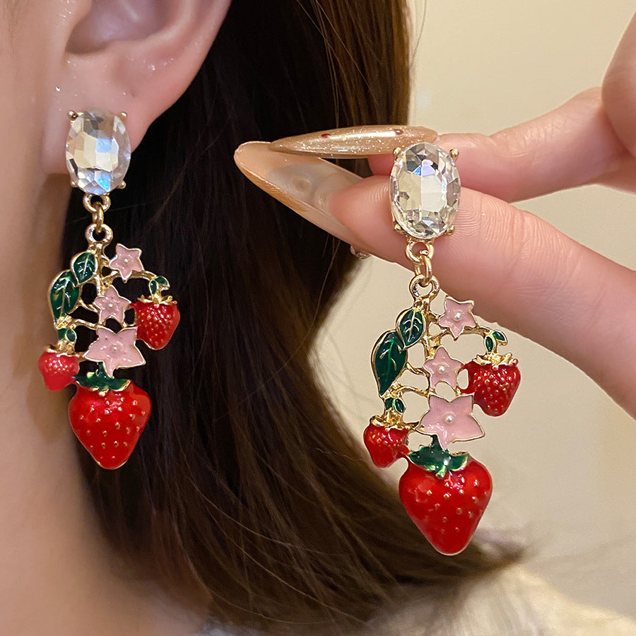 Strawberry Stud Earrings For Women With Golden Alloy And Enamel Craft Featuring Rhinestone Inlay