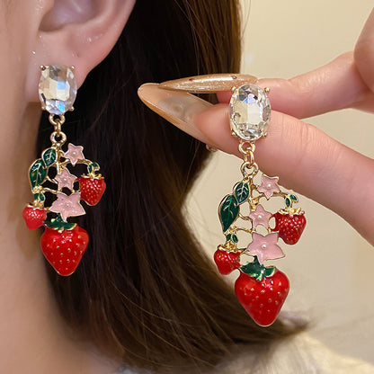 Strawberry Stud Earrings For Women With Golden Alloy And Enamel Craft Featuring Rhinestone Inlay
