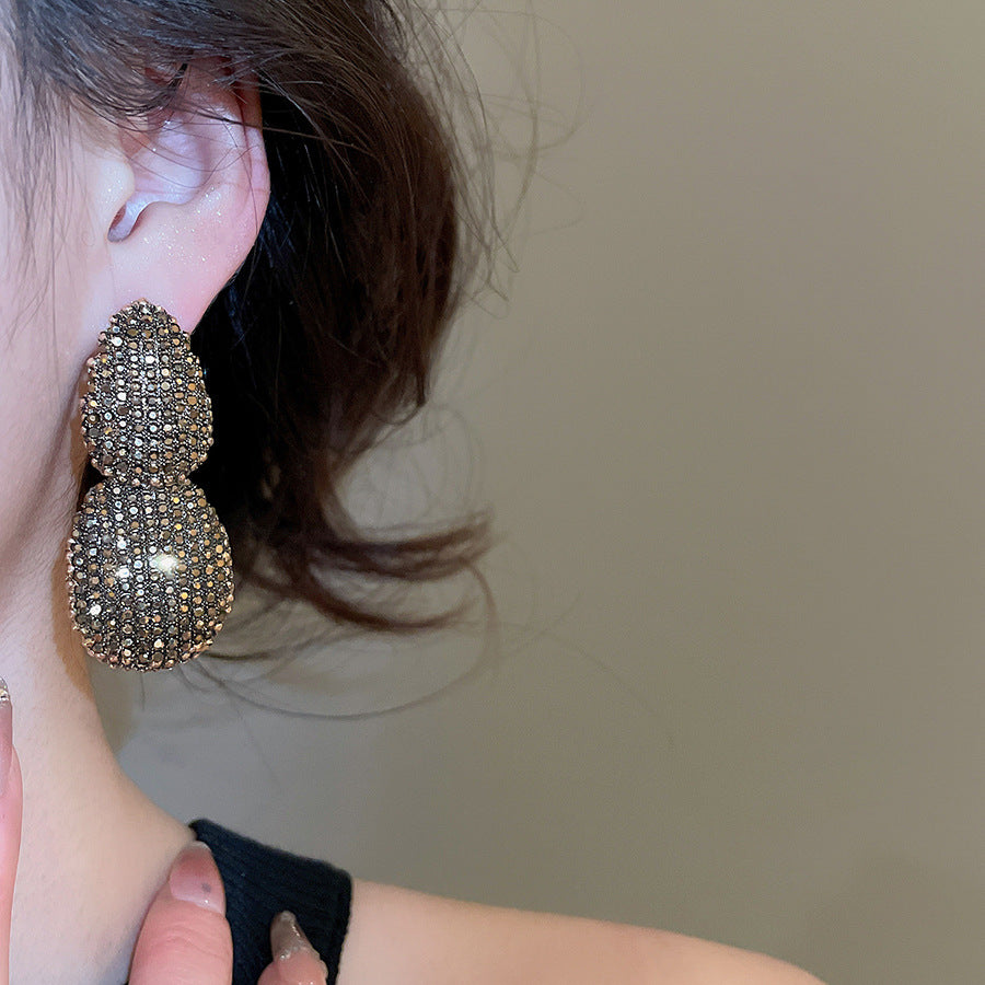 Oval Stud Earrings For Women In Steel Color Alloy With Rhinestones Inlay