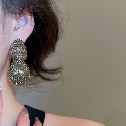 Oval Stud Earrings For Women In Steel Color Alloy With Rhinestones Inlay