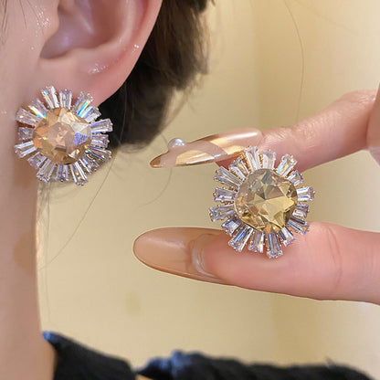 Sun Stud Earrings For Women In Silver Copper Featuring Zircon Inlay