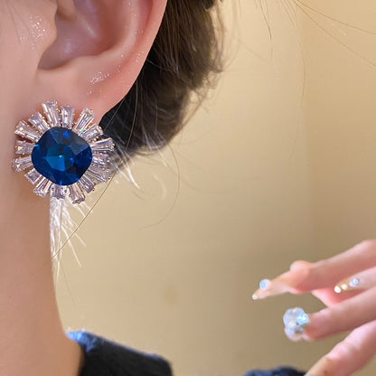 Sun Stud Earrings For Women In Silver Copper Featuring Zircon Inlay