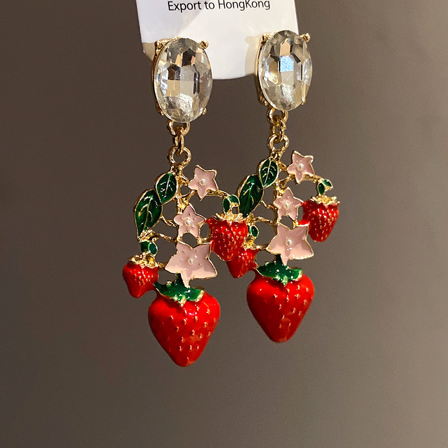 Strawberry Stud Earrings For Women With Golden Alloy And Enamel Craft Featuring Rhinestone Inlay