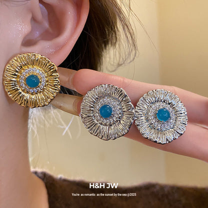 Round Stud Earrings For Women In Copper With Zircon Inlay, Available In Golden