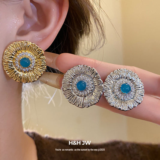 Round Stud Earrings For Women In Copper With Zircon Inlay, Available In Golden