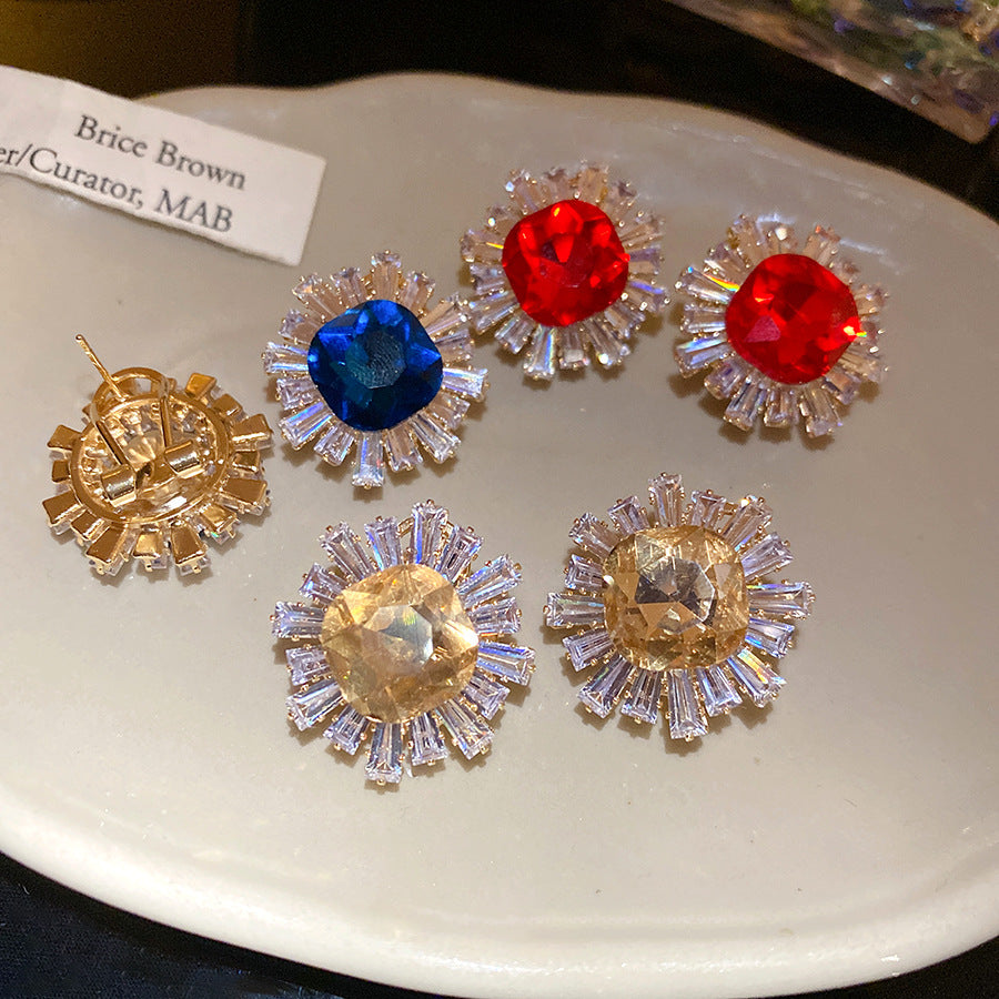 Sun Stud Earrings For Women In Silver Copper Featuring Zircon Inlay