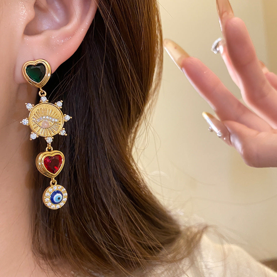 Heart Shape Stud Earrings For Women In Copper Featuring Zircon Inlay, Available In Golden