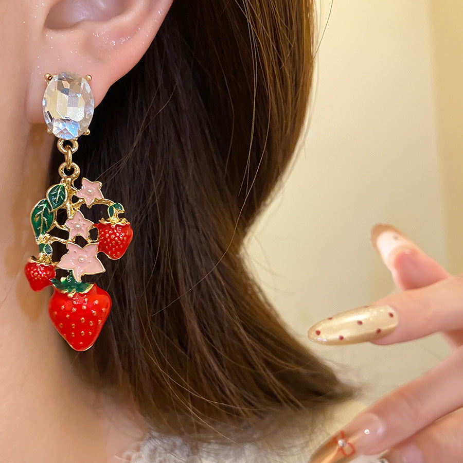 Strawberry Stud Earrings For Women With Golden Alloy And Enamel Craft Featuring Rhinestone Inlay