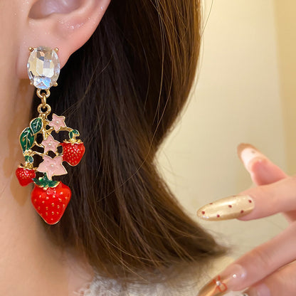 Strawberry Stud Earrings For Women With Golden Alloy And Enamel Craft Featuring Rhinestone Inlay