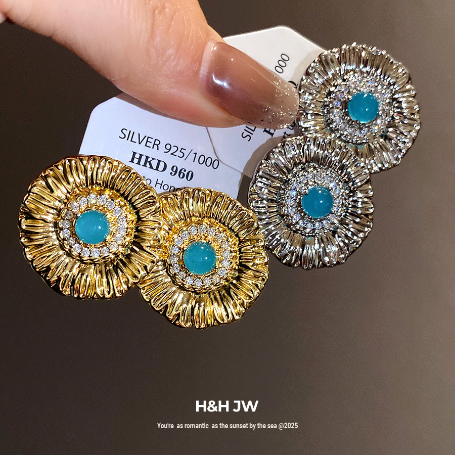 Round Stud Earrings For Women In Copper With Zircon Inlay, Available In Golden