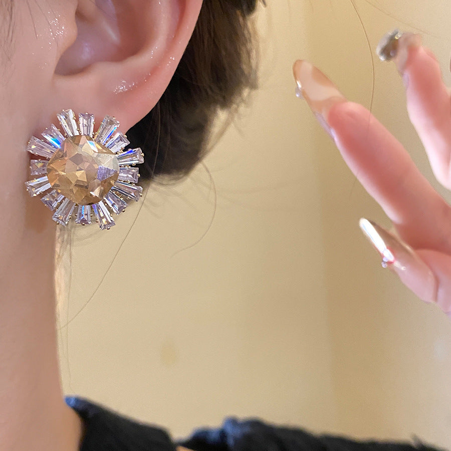Sun Stud Earrings For Women In Silver Copper Featuring Zircon Inlay