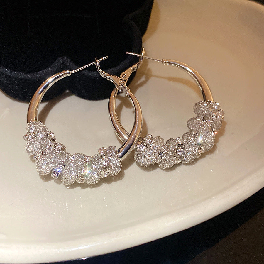 Round Stud Earrings For Women In Silver Copper Featuring Rhinestones