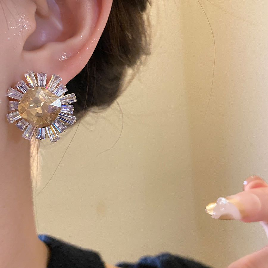Sun Stud Earrings For Women In Silver Copper Featuring Zircon Inlay