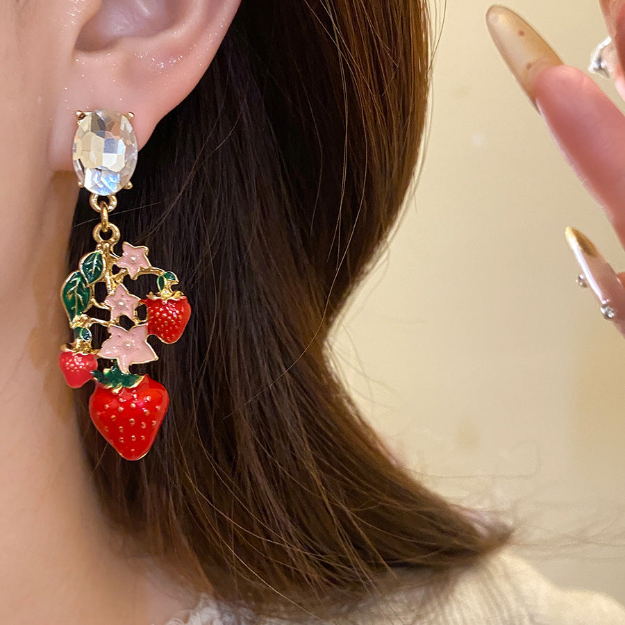 Strawberry Stud Earrings For Women With Golden Alloy And Enamel Craft Featuring Rhinestone Inlay