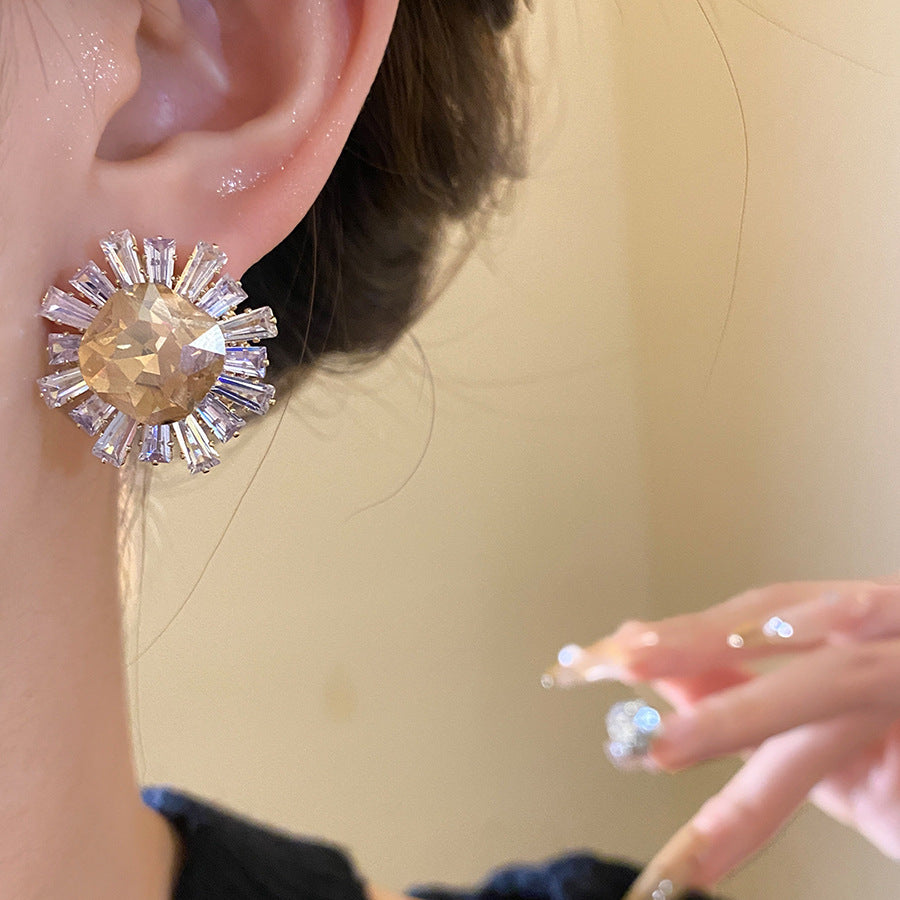 Sun Stud Earrings For Women In Silver Copper Featuring Zircon Inlay