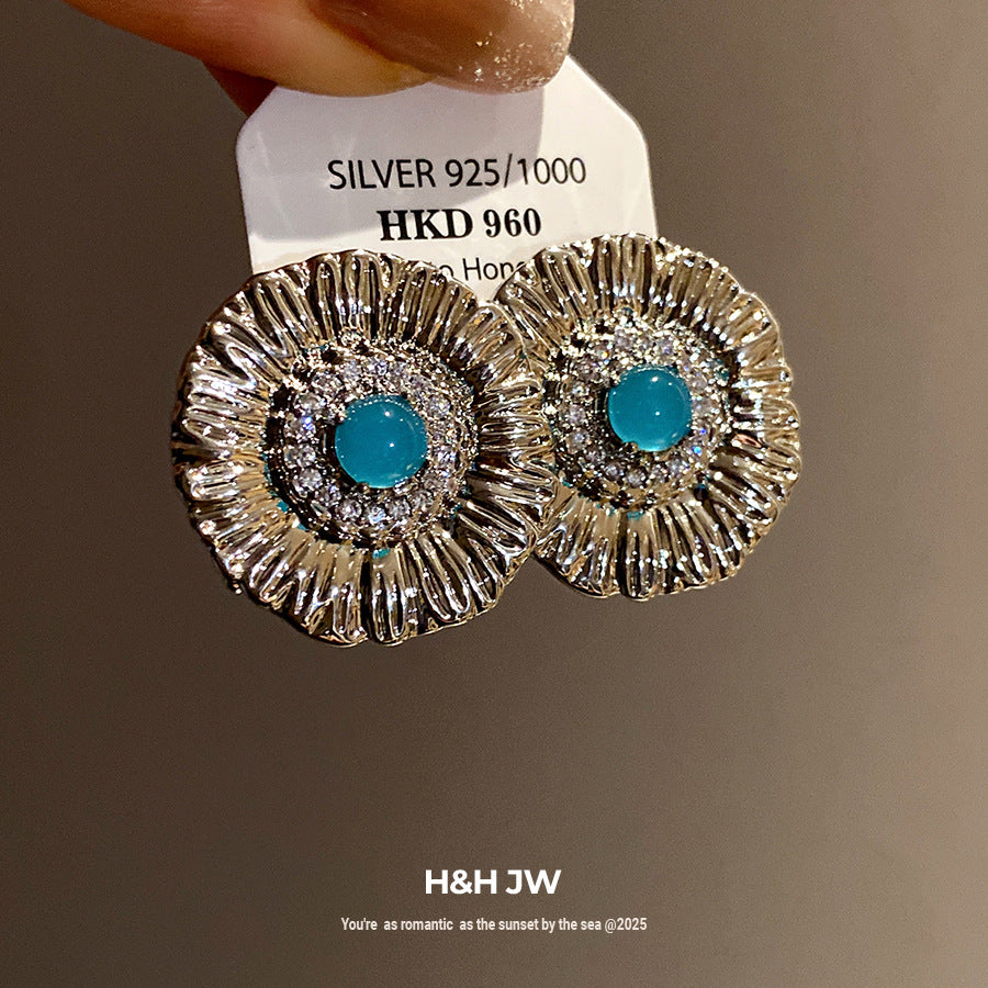Round Stud Earrings For Women In Copper With Zircon Inlay, Available In Golden