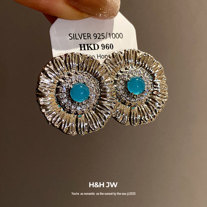 Round Stud Earrings For Women In Copper With Zircon Inlay, Available In Golden
