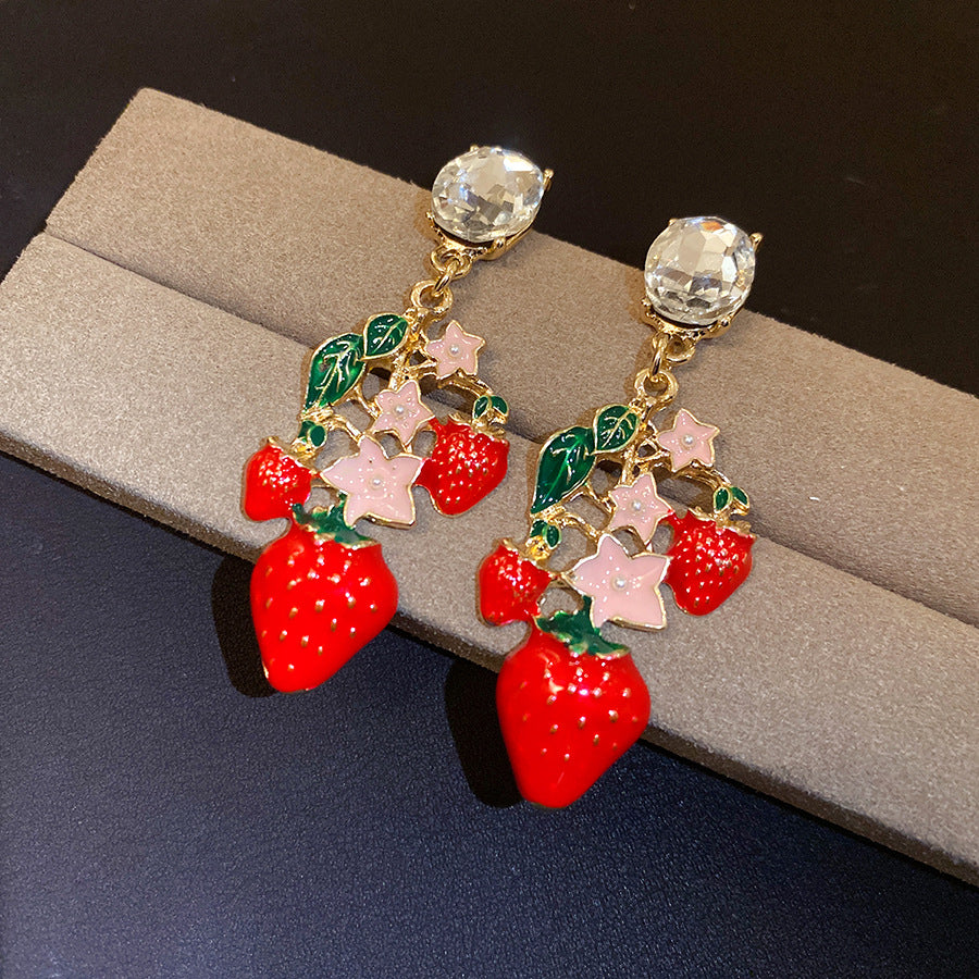 Strawberry Stud Earrings For Women With Golden Alloy And Enamel Craft Featuring Rhinestone Inlay