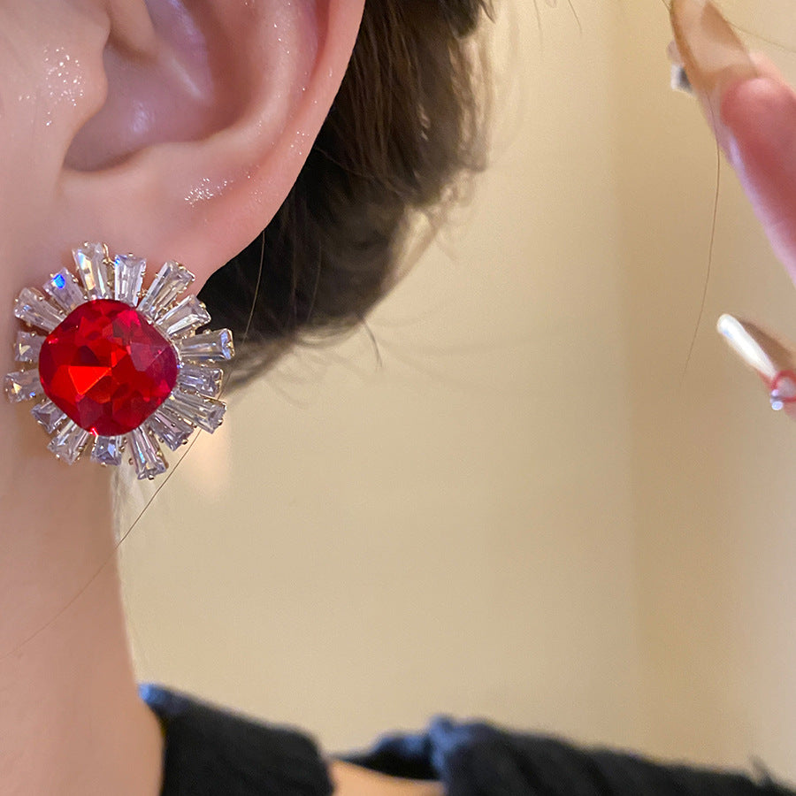 Sun Stud Earrings For Women In Silver Copper Featuring Zircon Inlay
