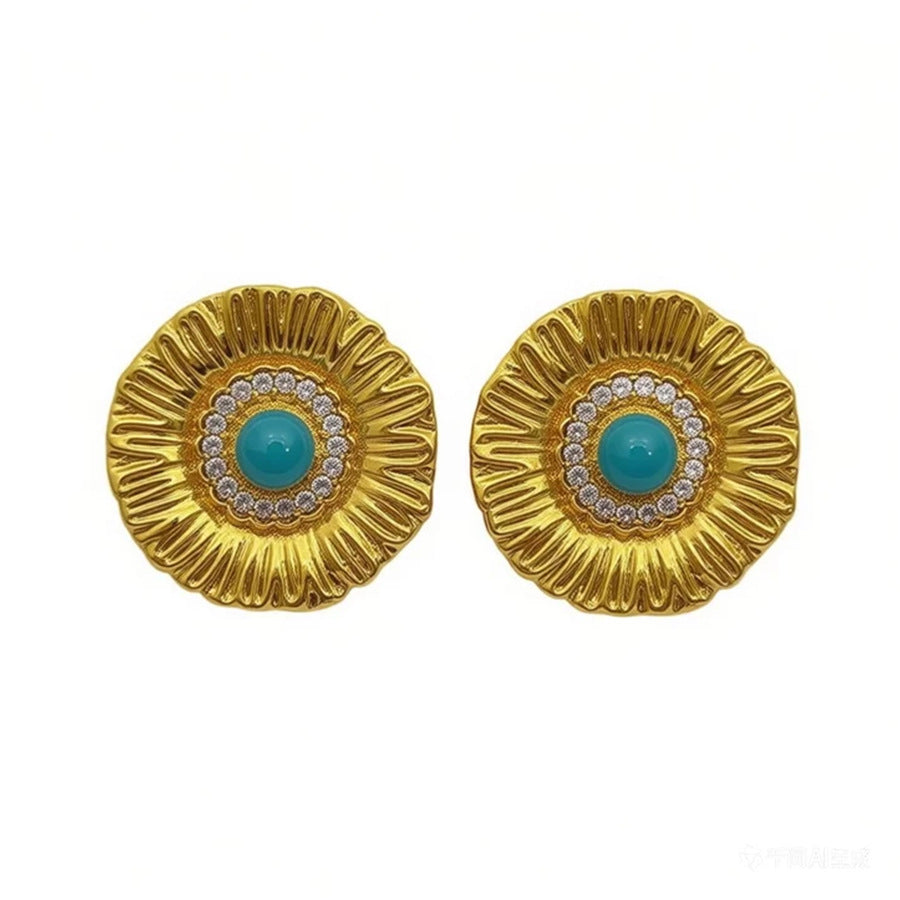 Round Stud Earrings For Women In Copper With Zircon Inlay, Available In Golden