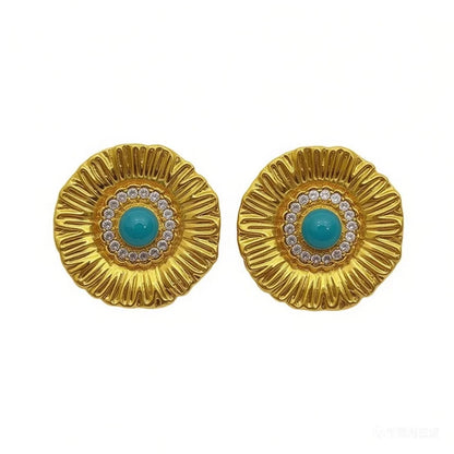 Round Stud Earrings For Women In Copper With Zircon Inlay, Available In Golden
