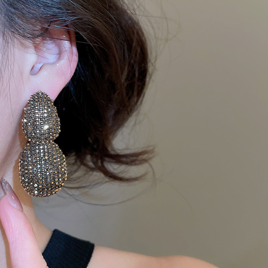 Oval Stud Earrings For Women In Steel Color Alloy With Rhinestones Inlay