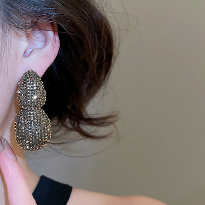 Oval Stud Earrings For Women In Steel Color Alloy With Rhinestones Inlay
