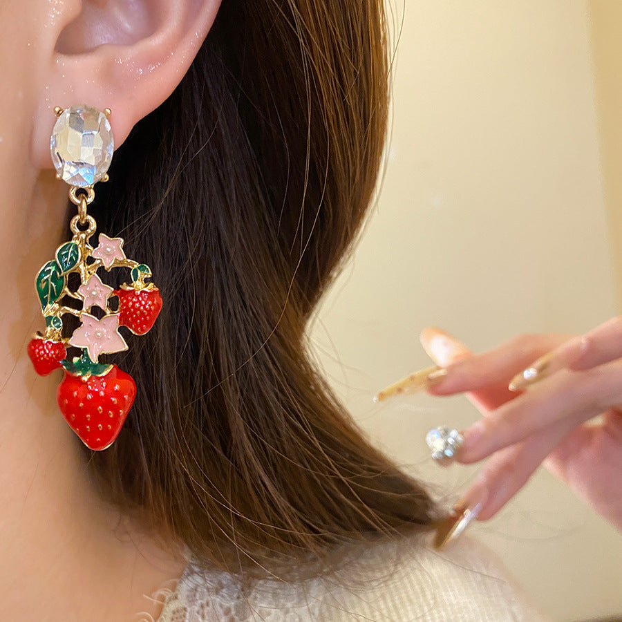Strawberry Stud Earrings For Women With Golden Alloy And Enamel Craft Featuring Rhinestone Inlay