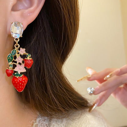 Strawberry Stud Earrings For Women With Golden Alloy And Enamel Craft Featuring Rhinestone Inlay