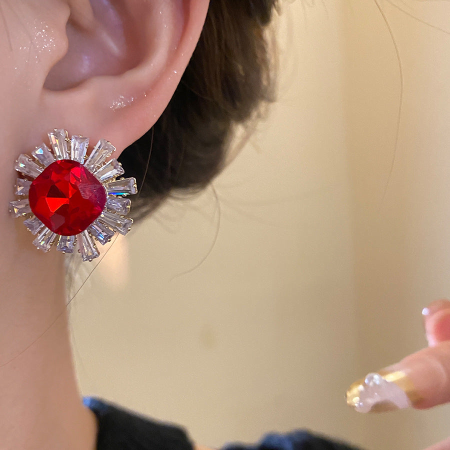 Sun Stud Earrings For Women In Silver Copper Featuring Zircon Inlay